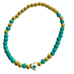 Heart Shaped Evil Eye Elastic  Bracelet Made With Turquoise & Gold Filled Balls